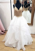 White Long Prom Dresses Spaghetti Straps Appliques Evening Party Dresses  cg8109