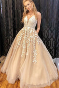 A-line nude and white lace long prom dress with straps  cg8708