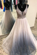 Gorgeous V Neck Silver Beaded Long Prom Dress with Criss Cross Back  cg8760
