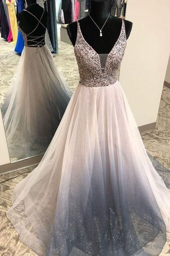 Gorgeous V Neck Silver Beaded Long Prom Dress with Criss Cross Back  cg8760