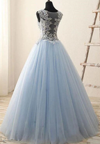 Light Blue Tulle With Lace Floor Length Party Dress, Blue Prom Dress  cg8767