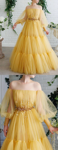 Yellow Tulle Off Shoulder Long A Line Formal Prom Dress With Sleeves  cg8889