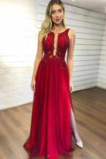 A-Line Sleeveless Split Prom Dresses with Appliques Beading Tulle Evening Dresses  cg9025