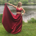 Red Prom Dress, Two Pieces Prom Gown, Satin Prom Dress, V-Neck Prom Gown  cg9130