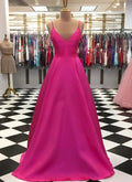 Hot Pink Satin V Neck Simple Long Prom Dress, Bridesmaid Dress  cg9171