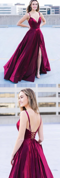SIMPLE BURGUNDY SATIN LONG PROM DRESS BURGUNDY FORMAL DRESS  cg9579