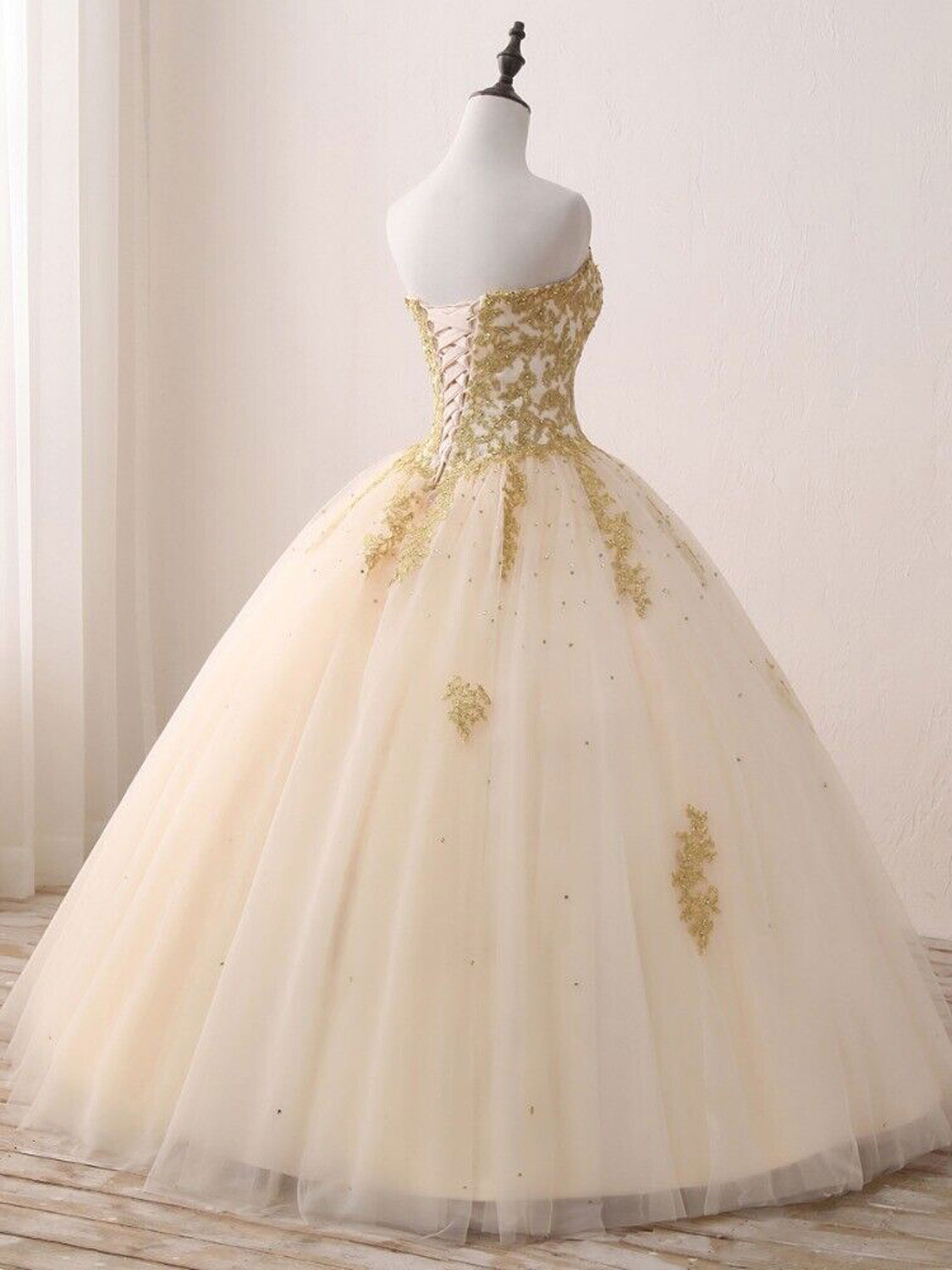 Champagne Sweetheart Neck Tulle Long Prom Gown, Champagne Sweet 16 Dresses