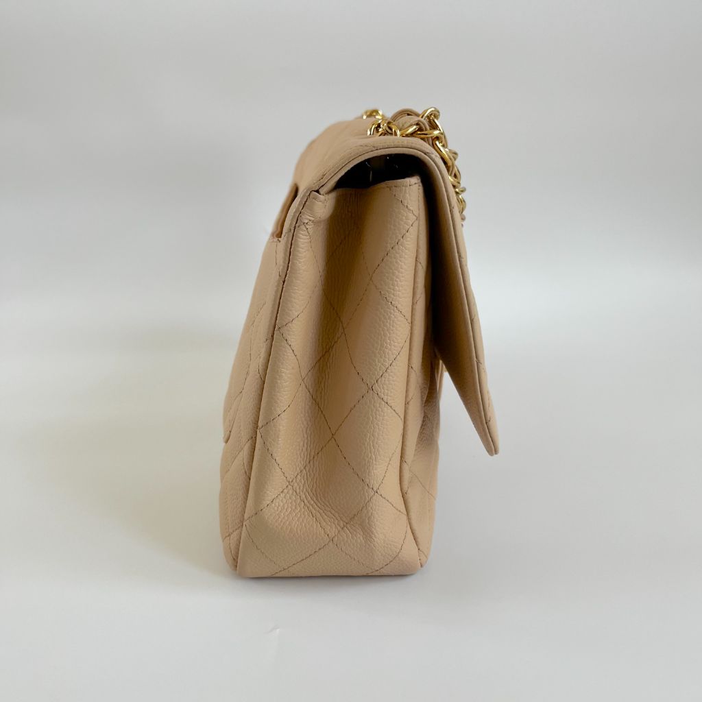 Chanel Jumbo Classic Single Flap Quilted Caviar Light Beige Bag