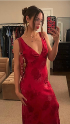 Charming Deep V Neck Satin Print Floral Long Prom Gowns Prom Dresses