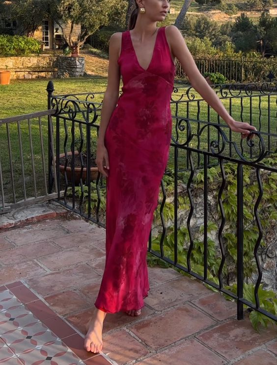 Charming Deep V Neck Satin Print Floral Long Prom Gowns Prom Dresses