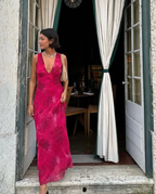 Charming Deep V Neck Satin Print Floral Long Prom Gowns Prom Dresses