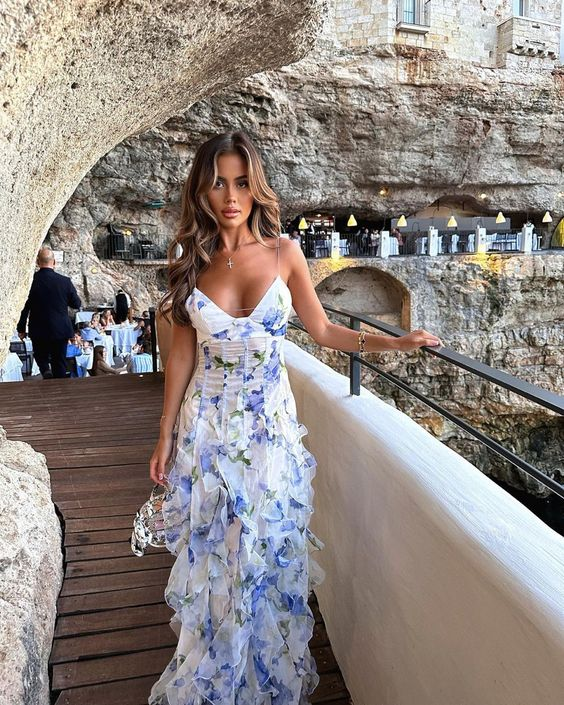 Classic Blue Floral Prom Dresses Long Prom Gowns