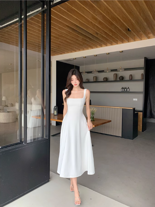 Red square neck suspender dress niche high-end a-line long dress certificate dress R1478