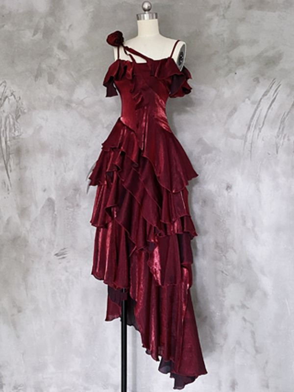 Pretty Asymmetrical Layered Flounce Spaghetti Strap Satin Prom Dress Mermaid Evening Gown cc1459