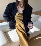 Sexy embossed satin suspender dress with slits for vacation with acetate high-end skirt R1464