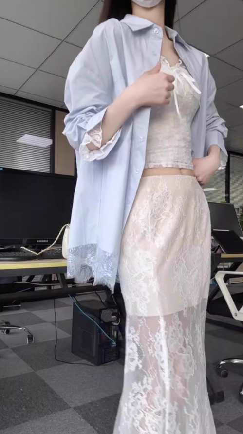 Unique beautiful blue long-sleeved shirt lace skirt two-piece suit 2025 R0860