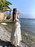 French style waist beautiful small skirt V-neck halter neck cake long skirt holiday polka dot dress R1751