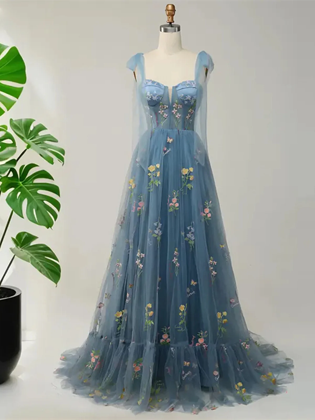 Blue Floral Embroidery Tulle Prom Dress A Line Fairy Gown Blue Party Dress