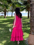 Seaside holiday style rose red white sleeveless dress high-grade layered pleated skirt R1582