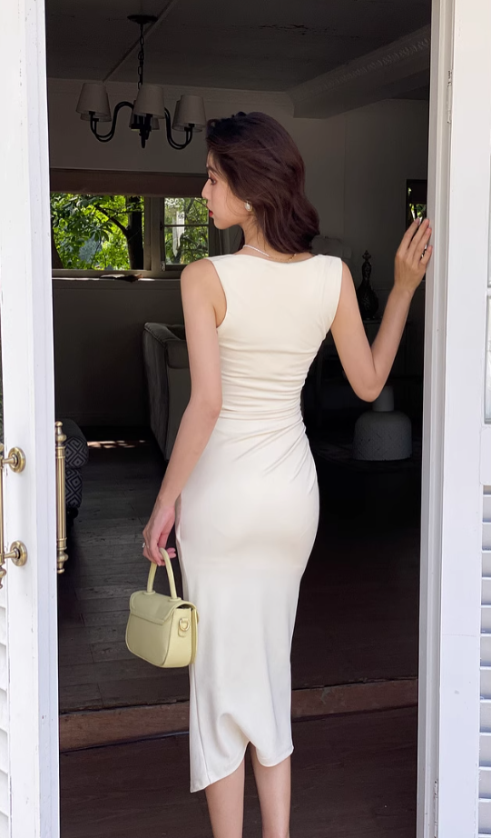 French square neck waist hip dress high waist sleeveless slim suspender dress slit long skirt R1433