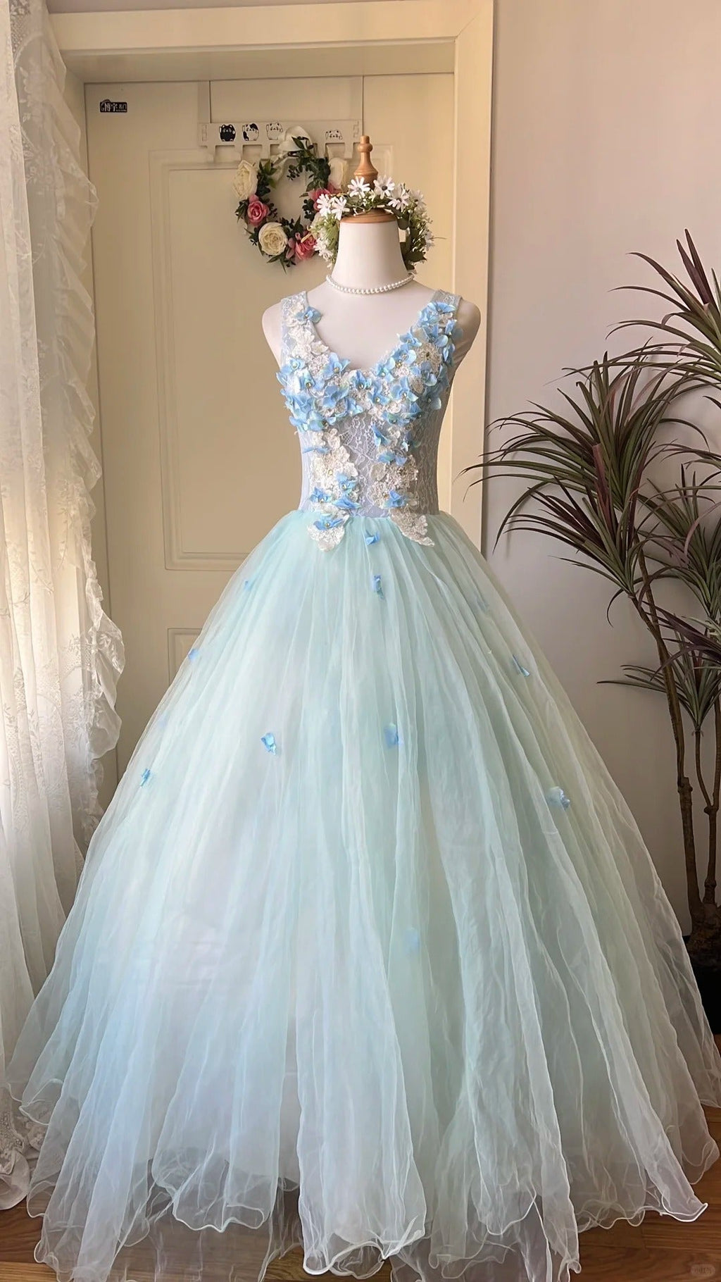 Dreamy Flower Fairy Light Blue 3D Floral V-Neck Tulle Ball Gown Evening Dresses Wedding Dresses