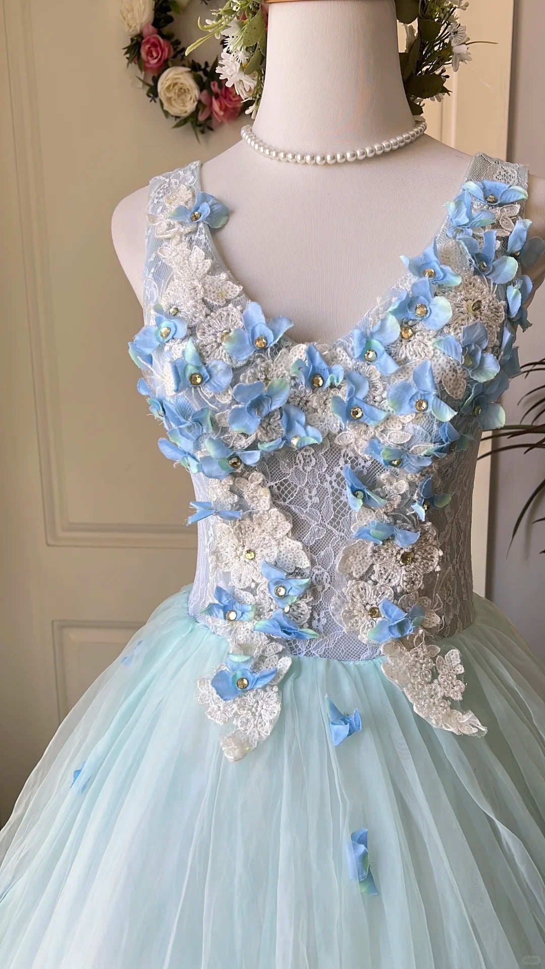 Dreamy Flower Fairy Light Blue 3D Floral V-Neck Tulle Ball Gown Evening Dresses Wedding Dresses