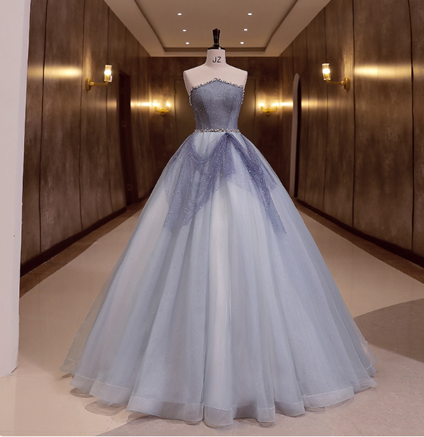 Dreamy Light Blue Strapless Tulle Ball Gown Evening Dresses Sweet 16 Dresses