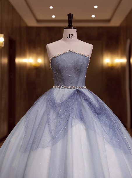 Dreamy Light Blue Strapless Tulle Ball Gown Evening Dresses Sweet 16 Dresses