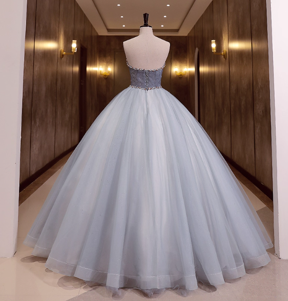Dreamy Light Blue Strapless Tulle Ball Gown Evening Dresses Sweet 16 Dresses