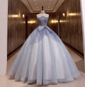 Dreamy Light Blue Strapless Tulle Ball Gown Evening Dresses Sweet 16 Dresses