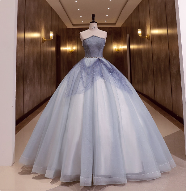 Dreamy Light Blue Strapless Tulle Ball Gown Evening Dresses Sweet 16 Dresses