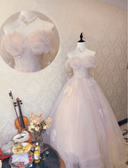 Dreamy Light Pink Off-Shoulder Tulle Floor-Length Ball Gown Evening Dresses