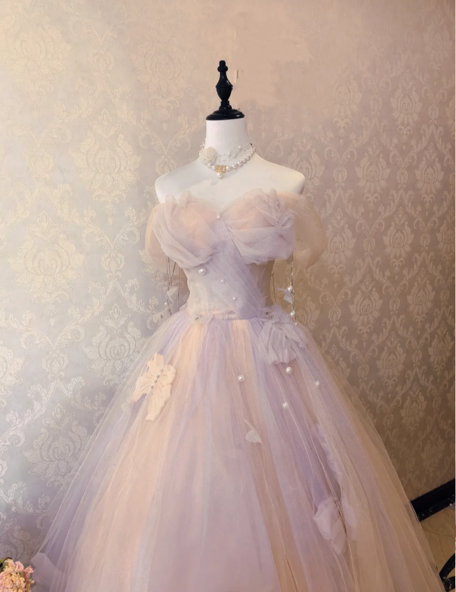 Dreamy Light Pink Off-Shoulder Tulle Floor-Length Ball Gown Evening Dresses