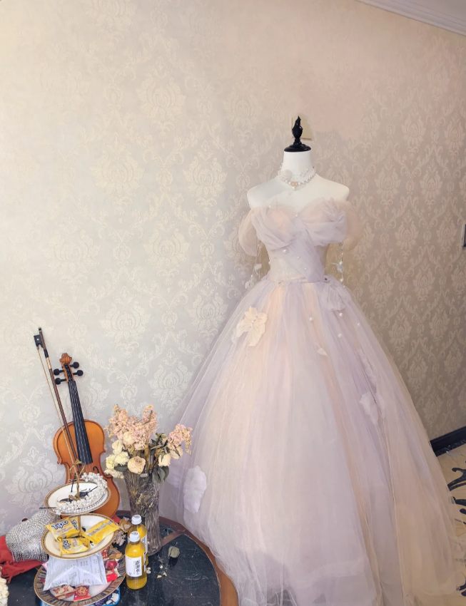 Dreamy Light Pink Off-Shoulder Tulle Floor-Length Ball Gown Evening Dresses