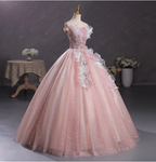 Dreamy Pink Off-Shoulder 3D Floral Iridescent Tulle Ball Gown Evening Dresses Sweet 16 Dresses