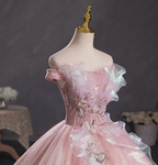 Dreamy Pink Off-Shoulder 3D Floral Iridescent Tulle Ball Gown Evening Dresses Sweet 16 Dresses