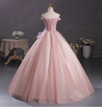 Dreamy Pink Off-Shoulder 3D Floral Iridescent Tulle Ball Gown Evening Dresses Sweet 16 Dresses