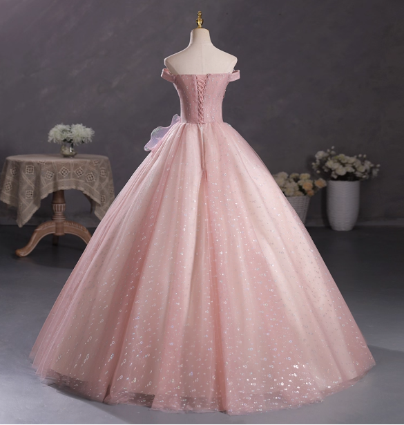 Dreamy Pink Off-Shoulder 3D Floral Iridescent Tulle Ball Gown Evening Dresses Sweet 16 Dresses