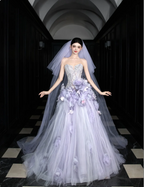 Dreamy Purple Strapless 3D Floral Tulle Train Ball Gown Evening Dresses