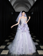 Dreamy Purple Strapless 3D Floral Tulle Train Ball Gown Evening Dresses