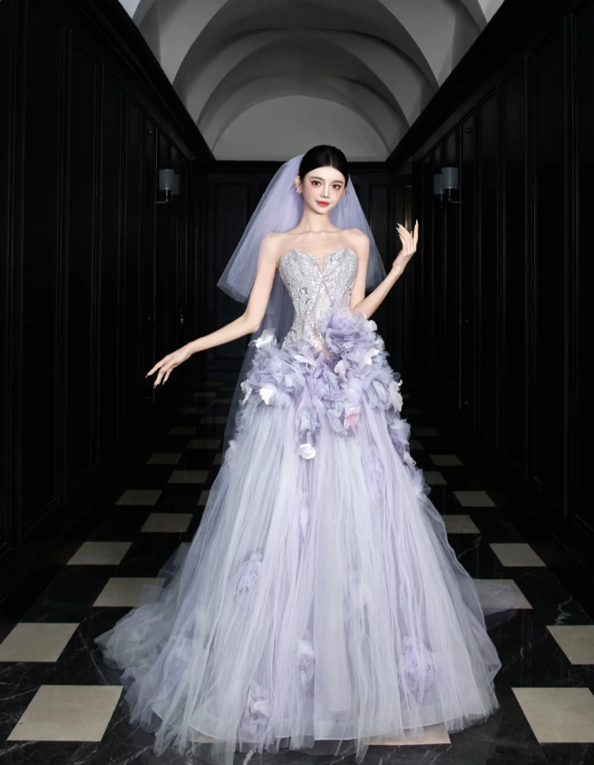 Dreamy Purple Strapless 3D Floral Tulle Train Ball Gown Evening Dresses