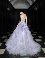 Dreamy Purple Strapless 3D Floral Tulle Train Ball Gown Evening Dresses