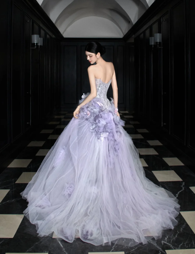 Dreamy Purple Strapless 3D Floral Tulle Train Ball Gown Evening Dresses