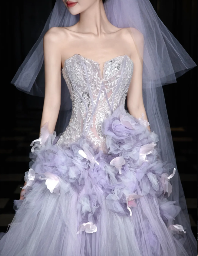 Dreamy Purple Strapless 3D Floral Tulle Train Ball Gown Evening Dresses