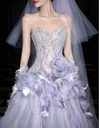 Dreamy Purple Strapless 3D Floral Tulle Train Ball Gown Evening Dresses