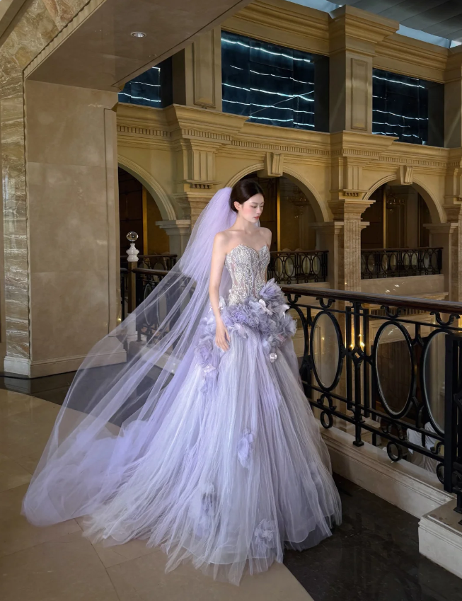 Dreamy Purple Strapless 3D Floral Tulle Train Ball Gown Evening Dresses