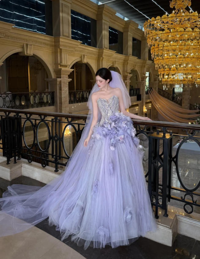 Dreamy Purple Strapless 3D Floral Tulle Train Ball Gown Evening Dresses