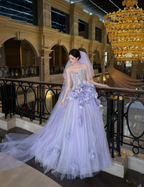 Dreamy Purple Strapless 3D Floral Tulle Train Ball Gown Evening Dresses