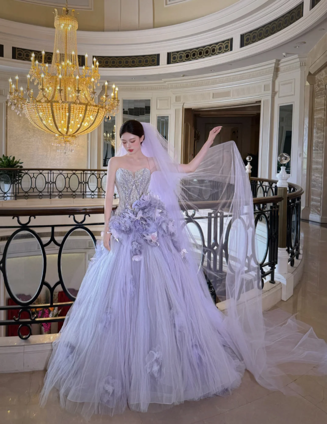 Dreamy Purple Strapless 3D Floral Tulle Train Ball Gown Evening Dresses