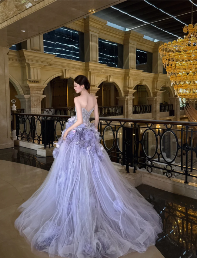 Dreamy Purple Strapless 3D Floral Tulle Train Ball Gown Evening Dresses